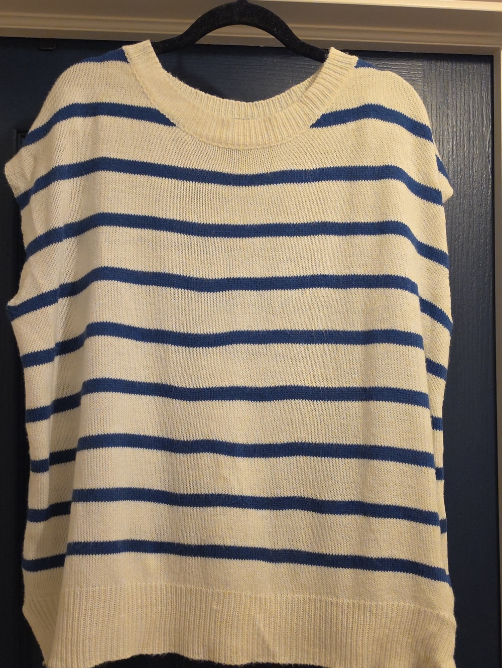 Cream and Blue Striped Crewneck Sweater